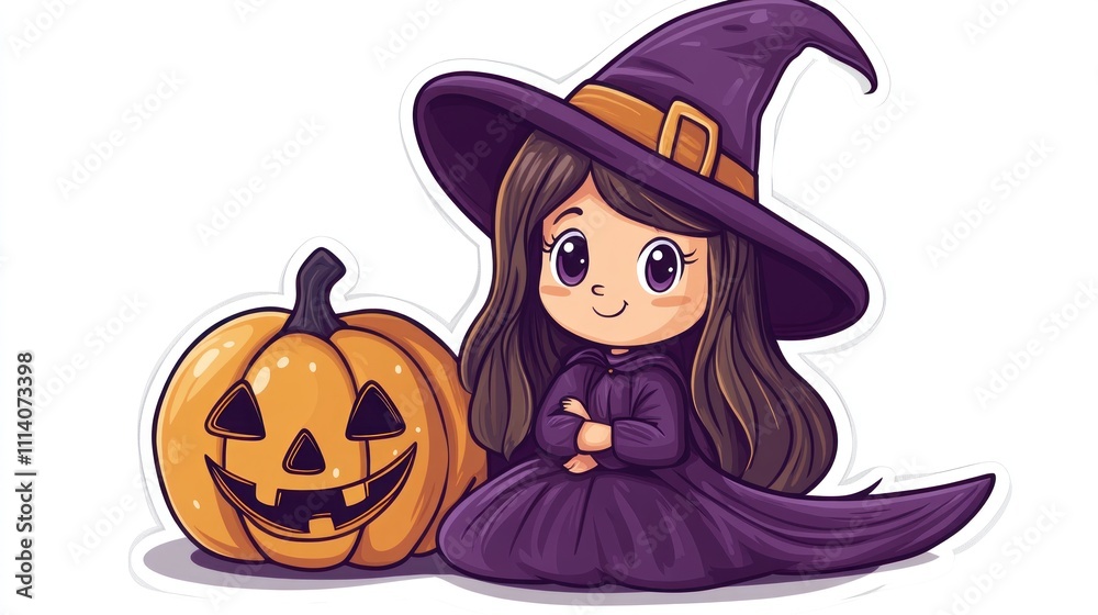 Sticker design of full body a cute Witch, on a white background, in a vector illustration style, using simple shapes, in the cute style, featuring a cute character, with a white border. Sticker design of full body a cute Witch, on a white background, in a vector illustration style, using simple shapes, in the cute style, featuring a cute character, with a white border.