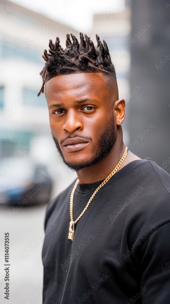 Confident young man with stylish spiked hair and a gold chain poses against an urban backdrop, This striking portrait can enhance marketing materials or portray modern fashion and lifestyle themes, Confident young man with stylish spiked hair and a gold chain poses against an urban backdrop, This striking portrait can enhance marketing materials or portray modern fashion and lifestyle themes,