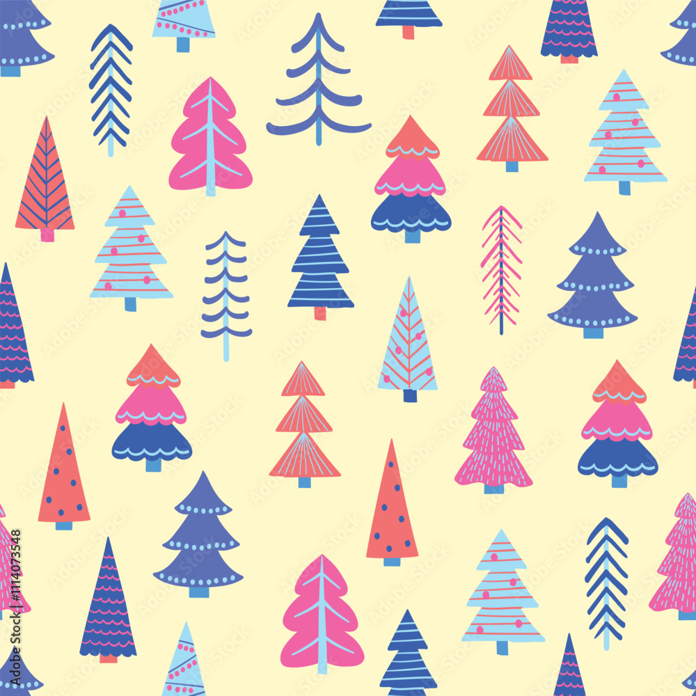 Colourful Christmas seamless pattern with cartoon trees. Wallpaper design. Vector illustration Colourful Christmas seamless pattern with cartoon trees. Wallpaper design. Vector illustration