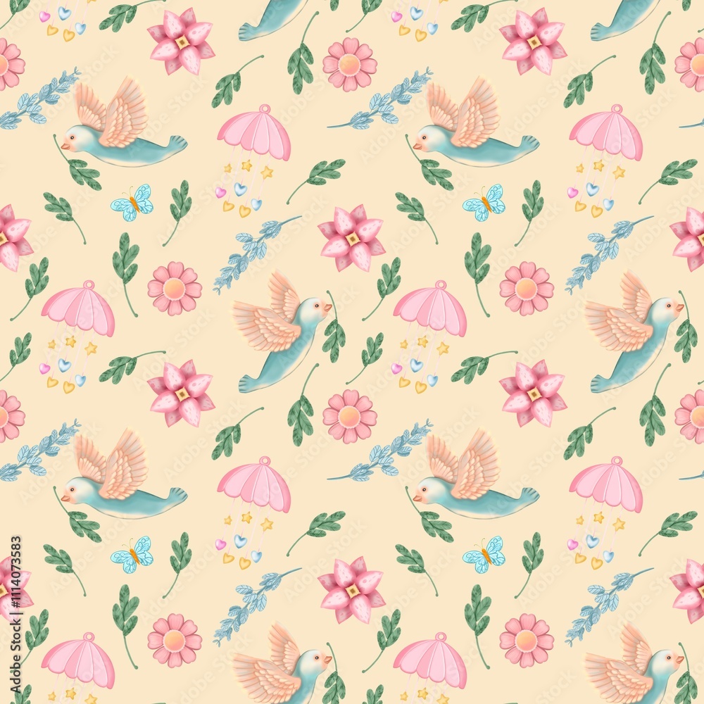 Fototapeta premium BabyShower Patterns: Flowers, balloons, butterflies, rainbow, clouds, toys, baby diapers and socks and other cute baby shower style designs for textiles, baby clothes and decor. 