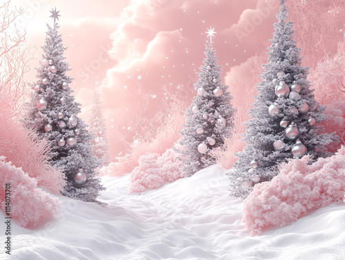 a whimsical, snow-covered landscape with Christmas trees adorned with red and silver ornaments. The background features a pink, cloud-like sky with snowflakes falling, creating a dreamy, festive photo