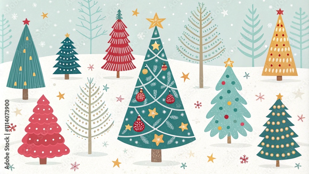 Festive modern Christmas tree pattern featuring colorful various trees decorated with stars and ornaments, set in a whimsical winter theme perfect for holiday greeting cards, banner, wrapping paper Festive modern Christmas tree pattern featuring colorful various trees decorated with stars and ornaments, set in a whimsical winter theme perfect for holiday greeting cards, banner, wrapping paper
