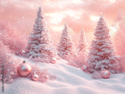 a whimsical, snow-covered landscape with Christmas trees adorned with red and silver ornaments. The background features a pink, cloud-like sky with snowflakes falling, creating a dreamy, festive photo