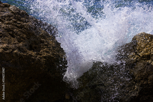 Fototapeta Naklejka Na Ścianę i Meble -  Soft sea wave rolls onto sandy beach. Red Sea. Copy space.