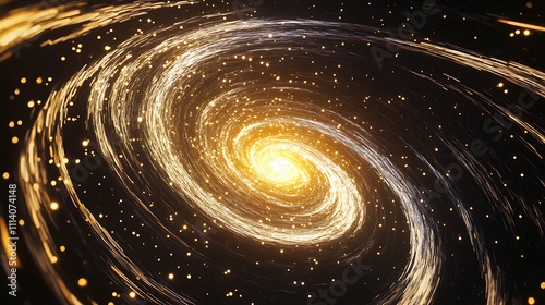 A glowing barred spiral galaxy with golden center and bright star trails