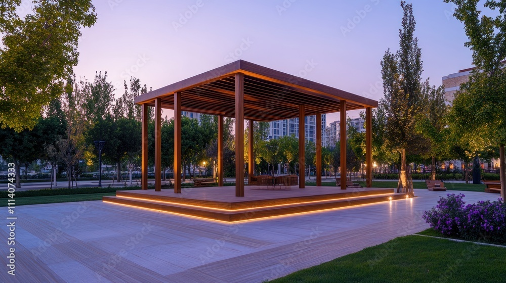 Modern Wooden Park Pavilion Evening Illumination