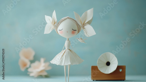 A charming handmade paper doll with floral details and a tiny bird companion, set against a pastel blue background, exuding elegance and innocence.
 photo