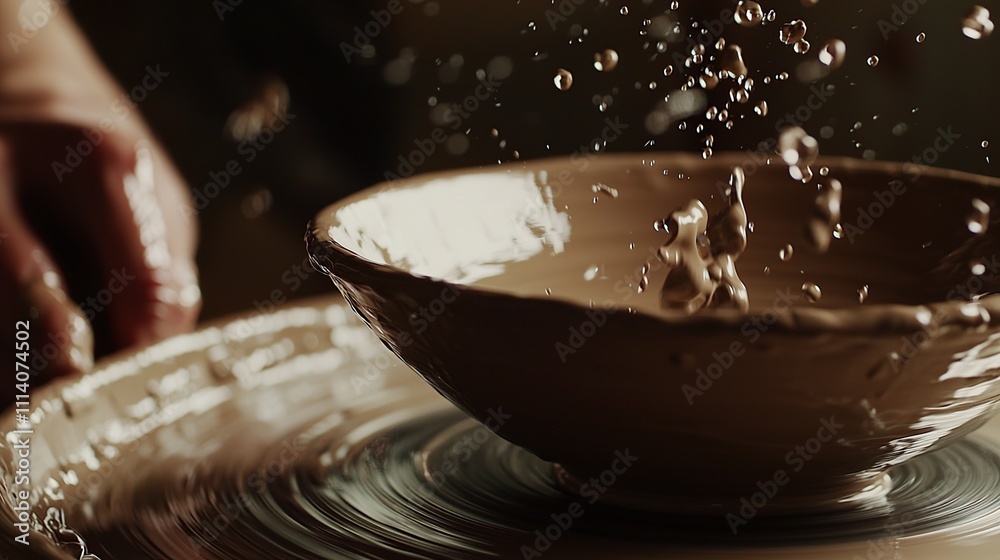 Potter's hands shaping clay bowl on spinning wheel, water splashing. Potter's hands shaping clay bowl on spinning wheel, water splashing.