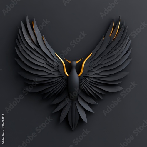 A striking 3D representation of a bird with expansive, stylized wings featuring bold gold accents against a black background, ideal for artistic projects, branding, or inspirational content, photo