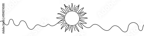 One continuous line illustration of the sun, isolated on white background. Line art of the sun