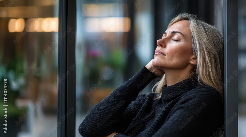 Fototapeta premium Overcoming burnout a businesswoman's reflection in a tranquil workspace environment with glass windows