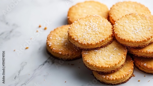 Deliciously golden shortbread biscuits arranged on a clean white background, perfect for dessert displays