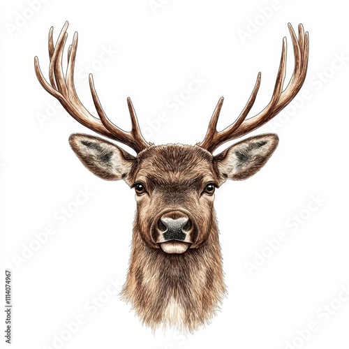 Detailed front view illustration of a reindeer with majestic antlers and expressive eyes, isolated on a white background, ideal for holiday themes. photo