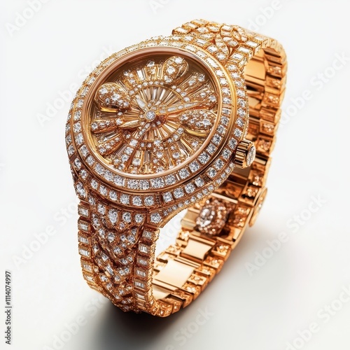 An exquisite golden watch adorned with intricate details and shimmering diamonds, elegantly showcased against a white background, embodies luxury at its finest photo