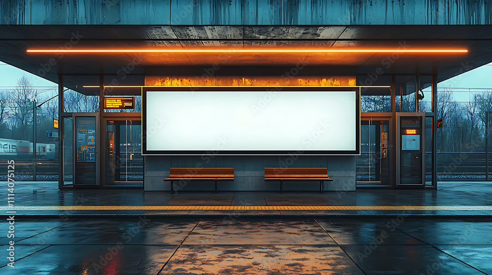 modern bus stop with blank billboard, benches, and urban surroundings modern bus stop with blank billboard, benches, and urban surroundings