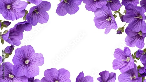 A white background adorned with a collection of purple flowers and space for text.