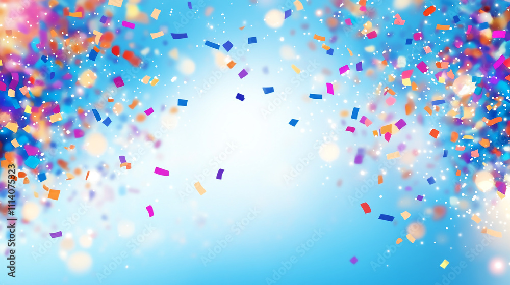 Colorful falling confetti with blurred blue background creating a festive and party atmosphere christmas and new year mood
