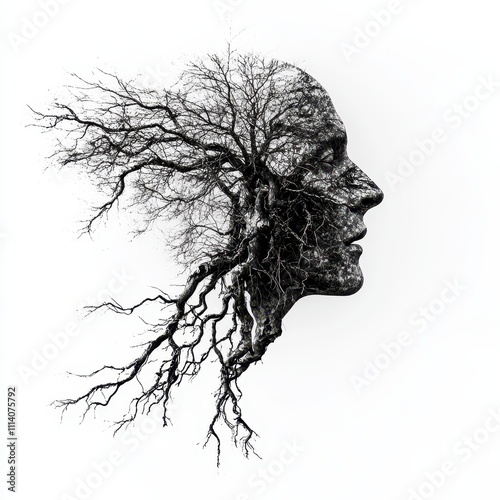 An isolated ancestor on a white background illustrates a stylized family tree with roots and branches, representing heritage and lineage, perfect for genealogy themes