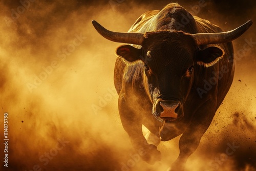 powerful bull charging through dust, representing market bullishness and optimism. Perfect illustration for stock market growth, investments, and financial success. photo