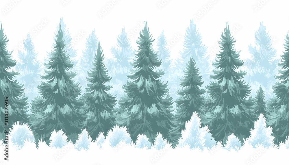Obraz premium Serene winter forest landscape, seamless pattern of stylized evergreen trees in soft teal and white, ideal for holiday or nature-themed designs.