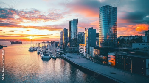 Wallpaper Mural Modern Cityscape Sunrise Harbor Boats Buildings Torontodigital.ca