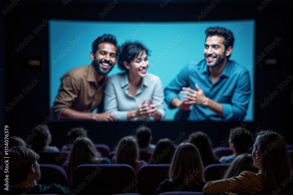 Obraz premium Film on a theater screen with audiences watching. Engaging and immersive cinematic experience shared by diverse group of viewers.