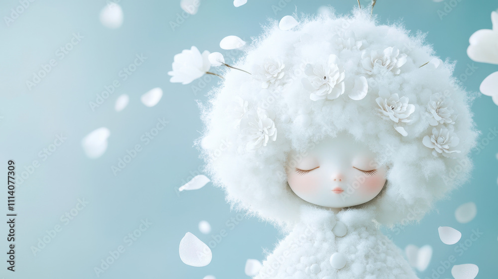 Obraz premium An elegant doll figure with intricate white flower details on a fluffy outfit, set in a soft blue background with floating petals, capturing a dreamy ambiance. 