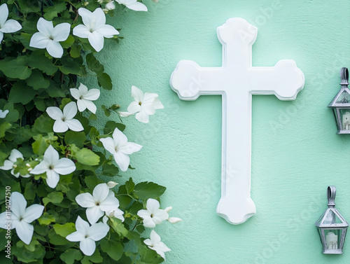 A white cross sits on a soft mint green wall