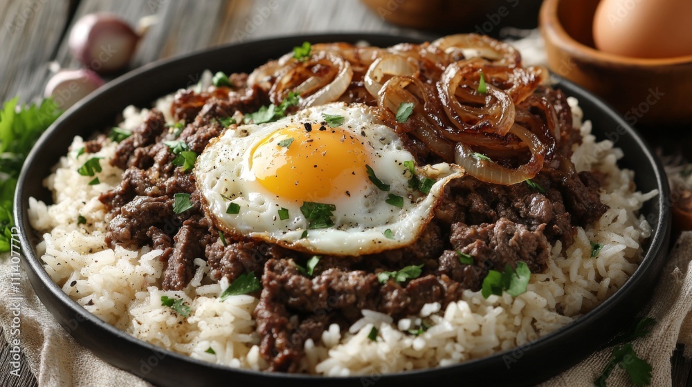 Delicious Beef and Rice Bowl with Fried Egg and Caramelized Onion Delicious Beef and Rice Bowl with Fried Egg and Caramelized Onion
