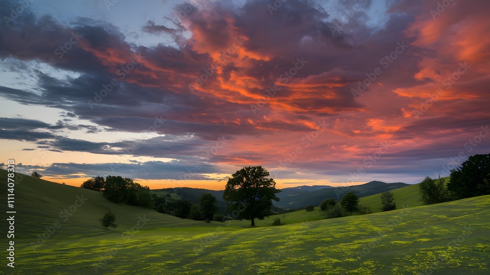 Fototapeta premium Rolling hills with lush green grass under a dramatic sky.