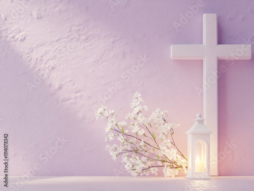 A white wooden cross on a pale lavender wall