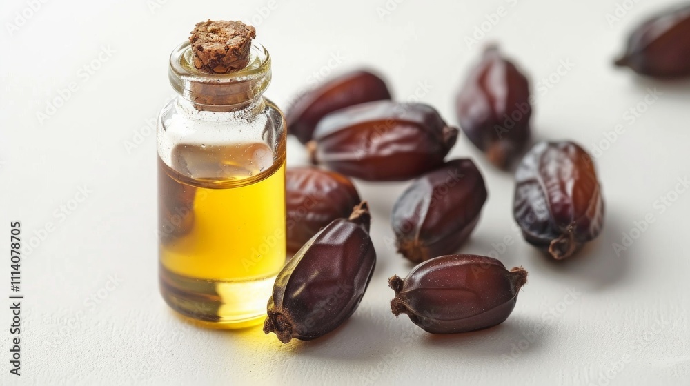 A close-up view of a bottle of jojoba oil with jojoba seeds placed beside it, isolated on a white background, highlighting the natural and pure qualities of the oil. Generative AI A close-up view of a bottle of jojoba oil with jojoba seeds placed beside it, isolated on a white background, highlighting the natural and pure qualities of the oil. Generative AI