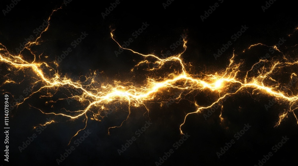 Golden flashes of lightning create a striking contrast against the dark backdrop. Golden flashes of lightning create a striking contrast against the dark backdrop.