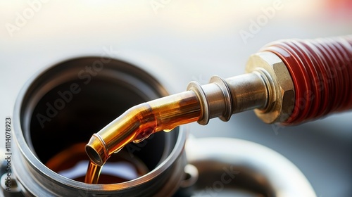 A close-up of a fuel nozzle dispensing liquid into a container, showcasing the texture and color of the oil.
