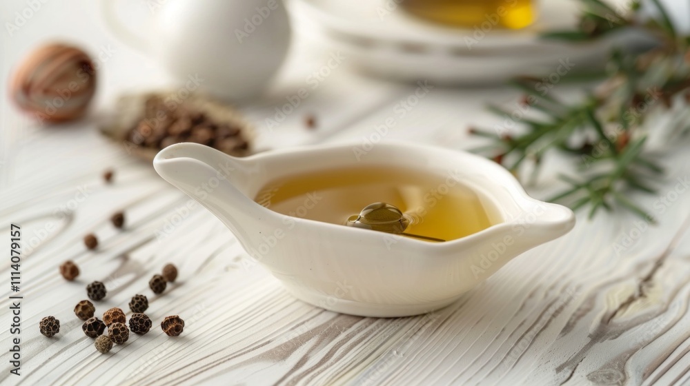 A sauce boat filled with jojoba oil resting on a white wooden table, surrounded by a clean and minimalistic environment that emphasizes the simplicity and purity of the oil. Generative AI A sauce boat filled with jojoba oil resting on a white wooden table, surrounded by a clean and minimalistic environment that emphasizes the simplicity and purity of the oil. Generative AI