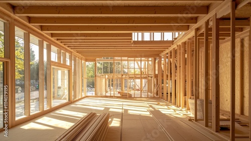 A wooden frame structure of a house under construction, highlighting the development process.