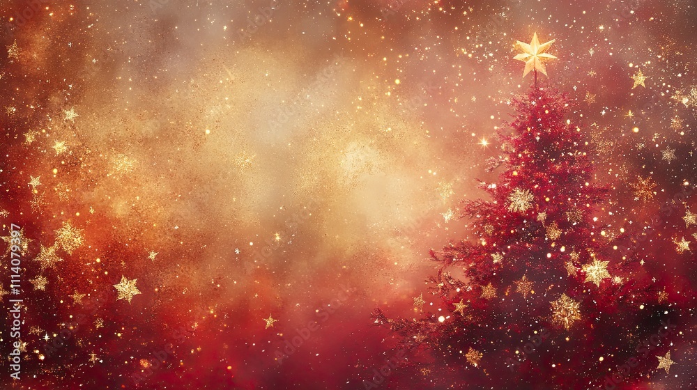 Naklejka premium A stunning Christmas tree adorned with sparkling lights, a glowing golden star on top, and shimmering decorations. The tree is surrounded by a festive bokeh background.