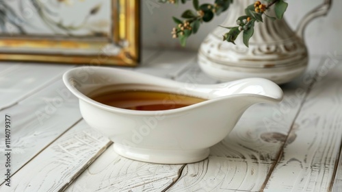 A sauce boat filled with clear jojoba oil rests on a white wooden table, providing a simple yet elegant depiction of the natural beauty and purity of the oil in a calm, clean setting. Generative AI
