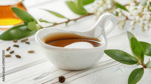A sauce boat filled with clear jojoba oil rests on a white wooden table, emphasizing the simplicity and purity of the oil in a minimalist natural setting. Generative AI
