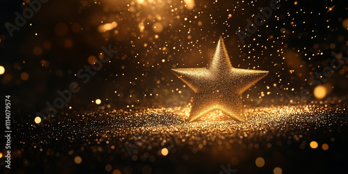 Gold star covered with golden glitter and dust in the falling bokeh and sequins, luxury background, award ceremonies backdrop. Holiday, fashion, show and beauty industries advertisement.