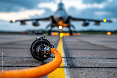 A close-up of an orange fuel hose on an airfield, with a military jet in the background, illuminated by evening lights.