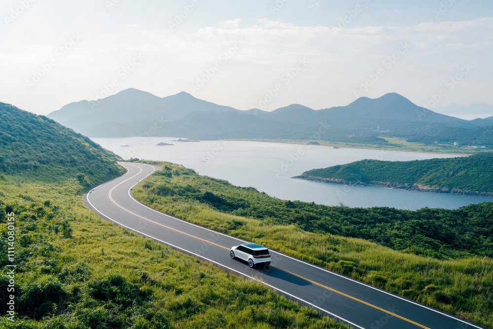 Obraz premium A scenic road winds through lush hills beside a serene lake and mountains, with a car traveling along the picturesque route.