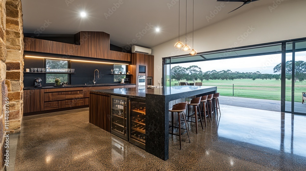 Modern Kitchen Island Design Overlooking Lush Green Golf Course Modern Kitchen Island Design Overlooking Lush Green Golf Course