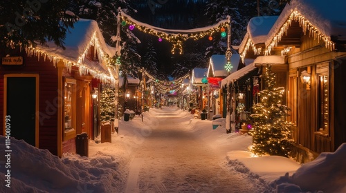 Snowy Village Street Decorated For Christmas Night