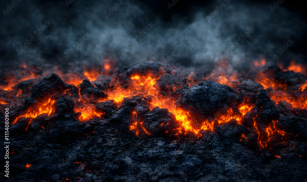 Fiery volcanic lava rocks glowing intensely, smoke billowing in the background. A dramatic close-up of a volcanic eruption's aftermath. Fiery volcanic lava rocks glowing intensely, smoke billowing in the background. A dramatic close-up of a volcanic eruption's aftermath.