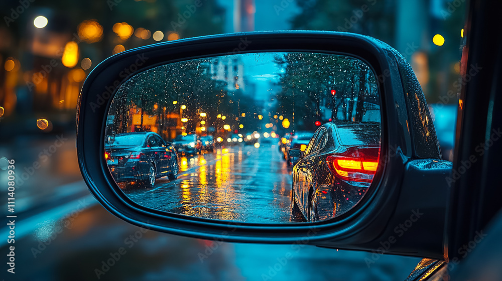 Rainy city street reflected in a side mirror during evening rush hour, showcasing vibrant lights and raindrops. Generative AI Rainy city street reflected in a side mirror during evening rush hour, showcasing vibrant lights and raindrops. Generative AI