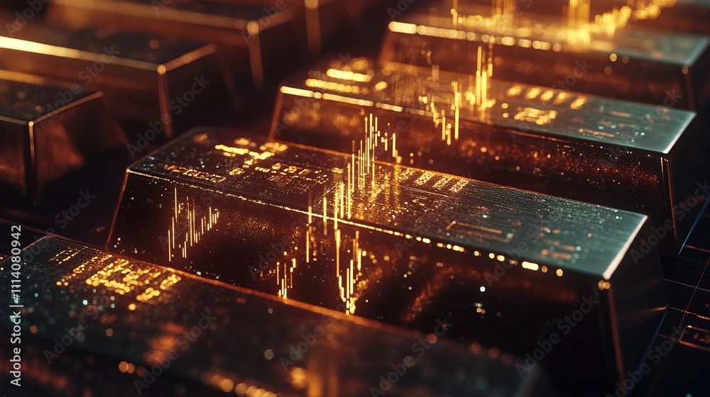 Close-up of gold bars with glowing data visualizations. Close-up of gold bars with glowing data visualizations.