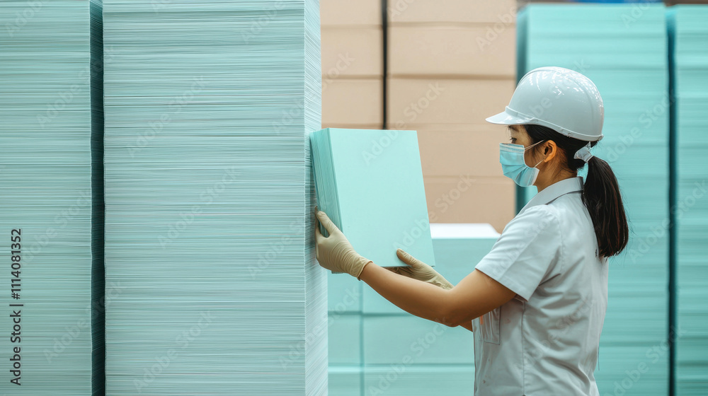 Book factory. A worker in safety gear organizes stacks of light blue sheets in a warehouse, emphasizing industrial settings and safety protocols. Book factory. A worker in safety gear organizes stacks of light blue sheets in a warehouse, emphasizing industrial settings and safety protocols.