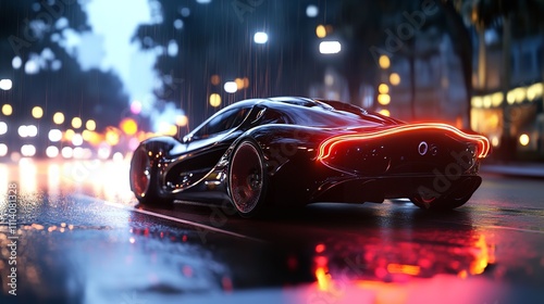 Black luxury sport car on high speed riding highway road track leaving vivid bloory light lines behind.Macro.AI Generative.