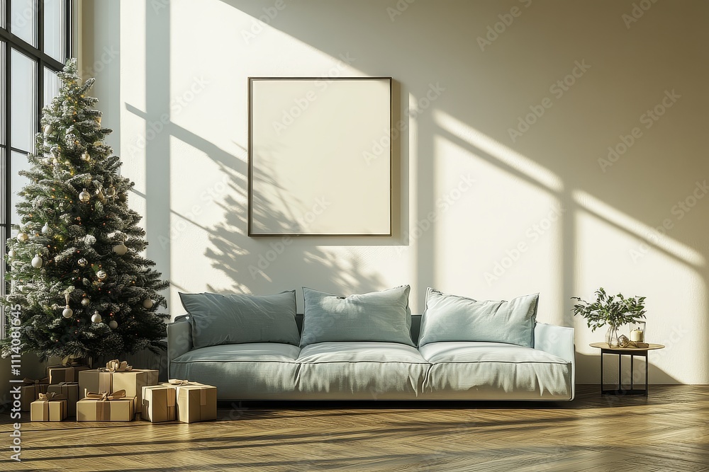 Fototapeta premium Modern White Living Room with Light Blue Sofa, Christmas Tree, and Green-Yellow Decor, Bright and Cozy Interior Design
